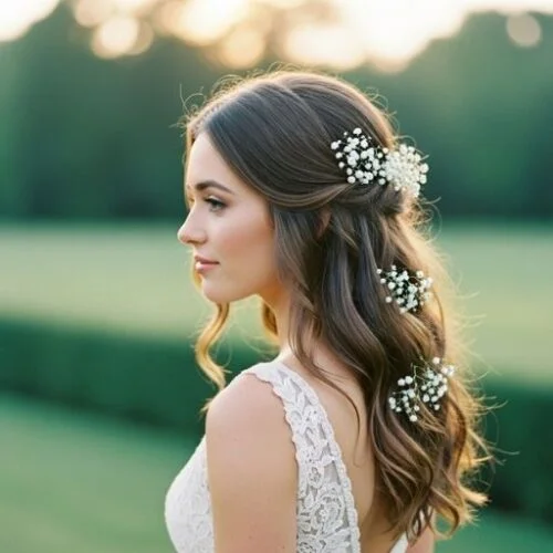 Bride with soft, loose waves and small baby’s breath flowers in her hair. Romantic 2025 bridal hair idea
