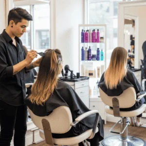 A women in salon chair receiving balayage vs ombre touch ups, highlighting different maintenance needs.