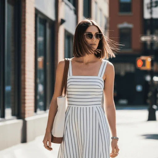 Woman with a trendy chin length blunt bob and light natural makeup walking outside.