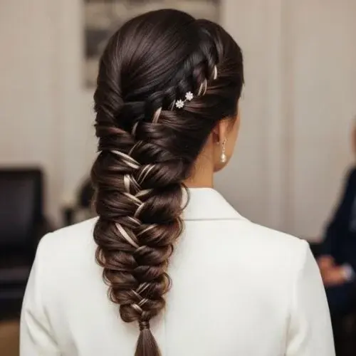 Side braid with gold ribbon and pearl clips, wearable for events or daily glamour
