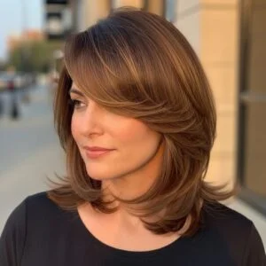  Side swept bangs combined with shoulder cut for anti-aging, face framing style
