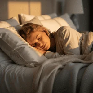 Silk pillowcase being used in a winter setting to prevent hair breakage overnight.