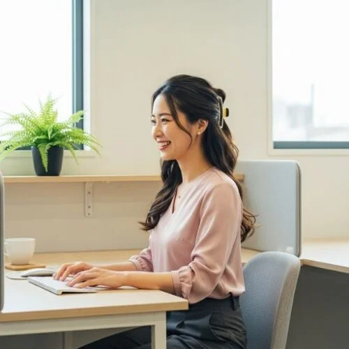 Woman wearing half-up hairstyle with soft curls, seated in modern office space before a Zoom call