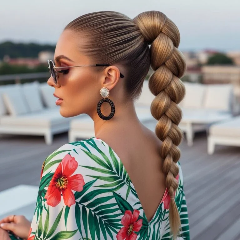 Sleek braided ponytail hairstyle on a woman in glam summer wear.
