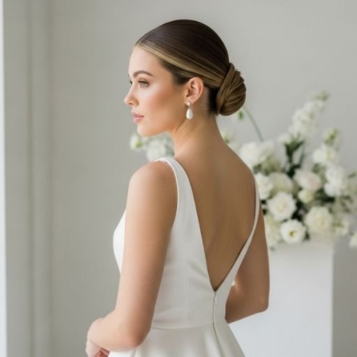 Bride with sleek low chignon bun, wearing pearl earrings and satin gown – elegant 2025 wedding hairstyle