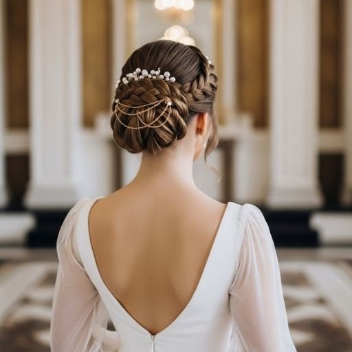 Intricate braided bridal bun with pearl hairpins – bridal hair inspiration 2025