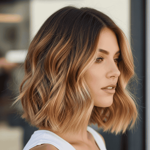 Model with shoulder-length bob styled in soft beachy waves, wearing warm-toned natural glam makeup.