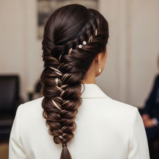 Side braid with gold ribbon and pearl clips, wearable for events or daily glamour