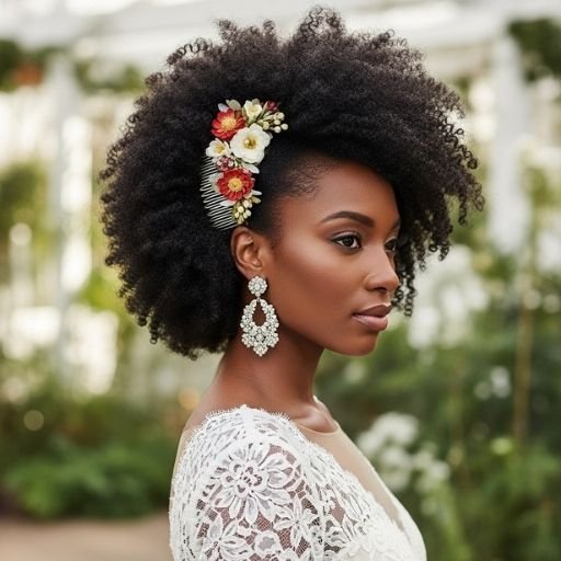Bride with curly afro styled with flowers – natural textured wedding hair look 2025