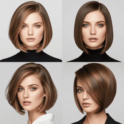 Four women with different face shapes showcasing bob hairstyles: layered bob for square face, sleek bob for oval face, lob with volume for round face, and side-parted bob for heart-shaped face.