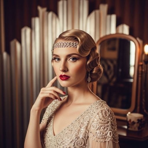 Bride with structured finger waves, vintage makeup and gown – 1920s inspired bridal hairstyle
