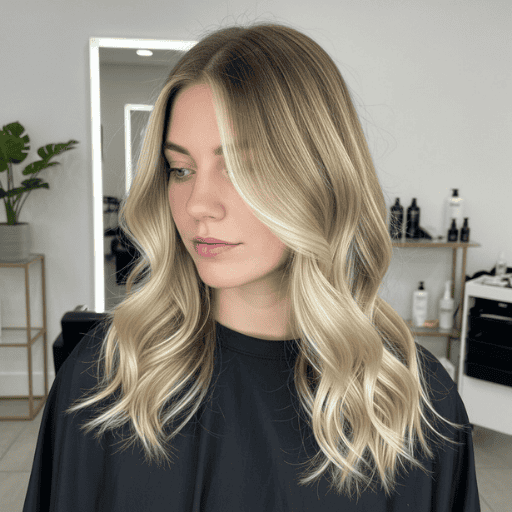 Woman with blonde balayage hair styled in soft waves, showcasing natural sun-kissed highlights painted mid-length to ends.