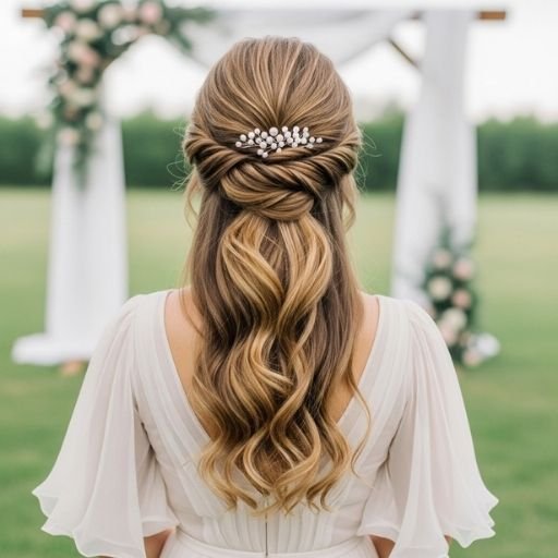 Bride with twisted half-up hairstyle and soft curls – beach wedding hair idea 2025