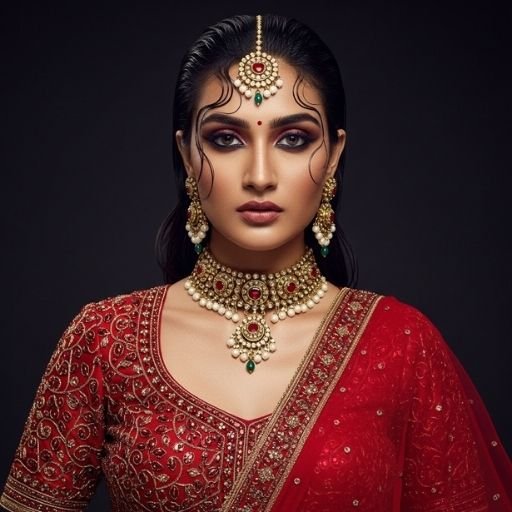 High fashion Indian bride with slicked back wet hairstyle and luxe ruby lehenga