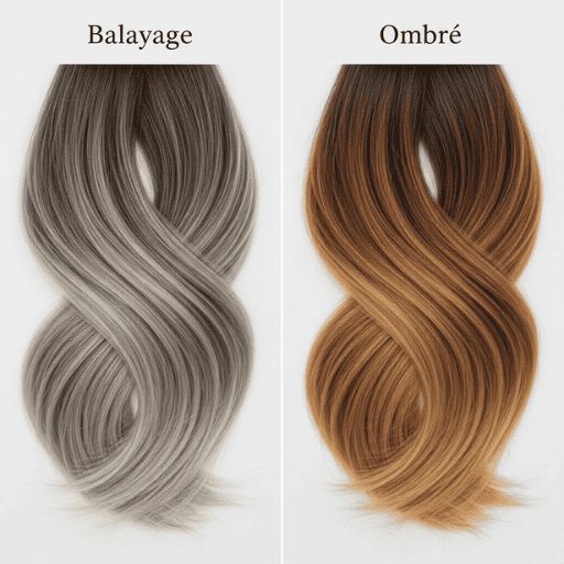 Closeup of hair strands showing soft multitonal balayage highlights and bold ombré gradient transition.