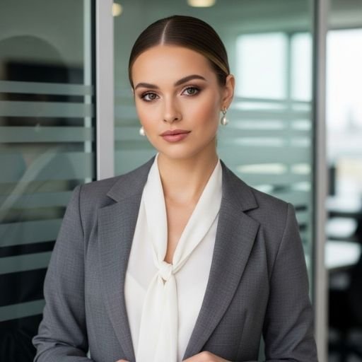 Professional woman in blazer with sleek low ponytail, standing in a modern office before a job interview