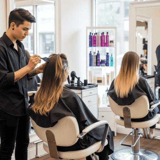 Two women in salon chairs receiving balayage and ombré touch-ups, highlighting different maintenance needs.