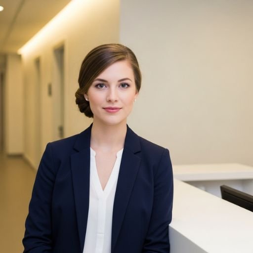 Confident woman with low bun and side part in navy blazer, prepared for a job interview