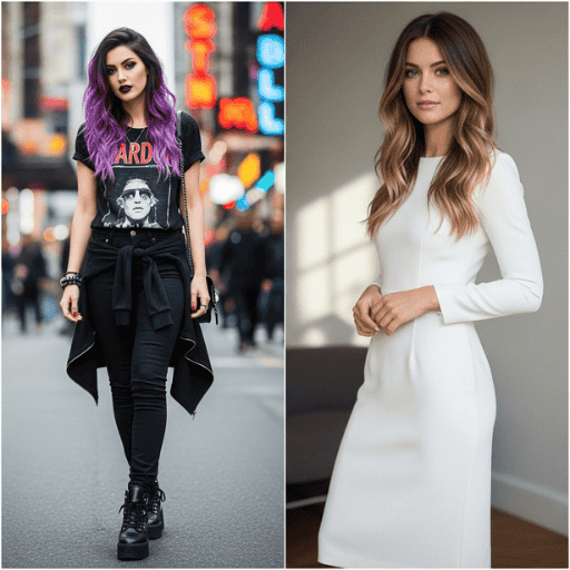 Trendy woman with edgy ombré blue hair and another with soft natural-looking balayage in casual chic style.