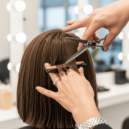 Close-up of hairstylist point-cutting a bob haircut on a woman in a salon, demonstrating professional texturizing techniques.