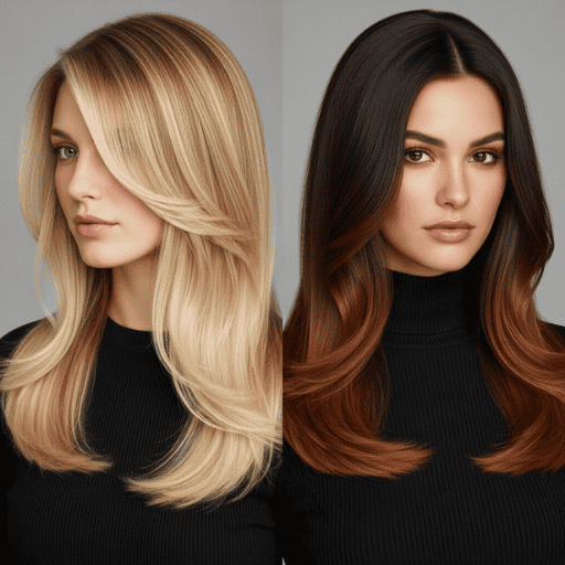 Two models showing balayage on blonde hair and ombré on dark brown hair for ideal starting bases.