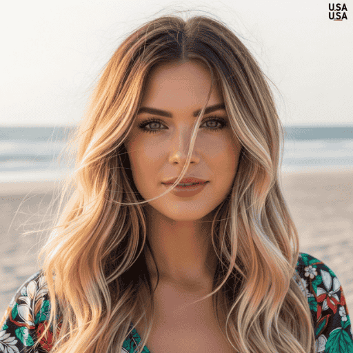 Smiling woman with beachy waves and sun-kissed blonde hair at the beach in summer 2025.