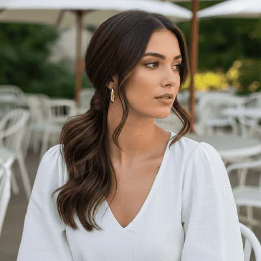 Woman with a casual loose ponytail and soft waves perfect for summer 2025.