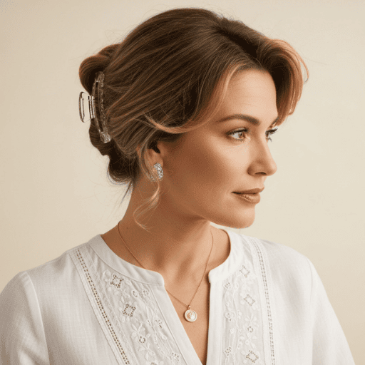 Woman with summer updo secured in a claw clip with face-framing hair.