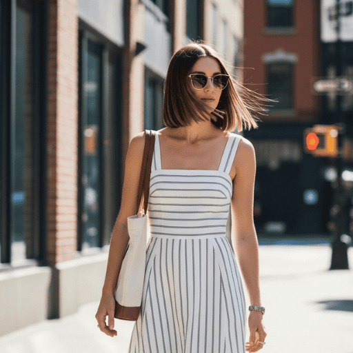 Woman with a trendy chin-length blunt bob and light natural makeup walking outside.