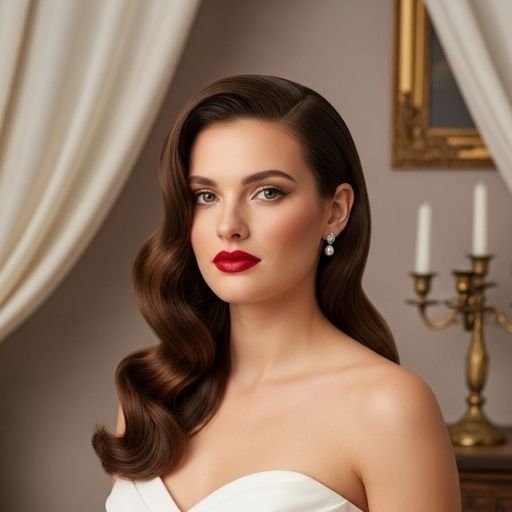 Bride with deep side-part Hollywood glam waves and red lips – vintage bridal hairstyle for 2025