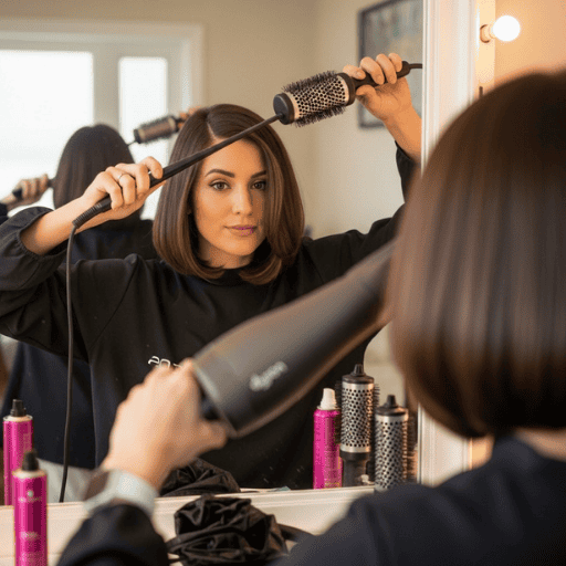 Woman blow-drying a chin-length bob using a round brush and hair dryer at a bathroom mirror.