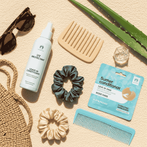 Flatlay of summer hair products including SPF spray, deep conditioner, and scrunchies.