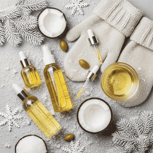 Hydrating winter leave-in conditioner and nourishing hair oils themed in cozy flat lay.
