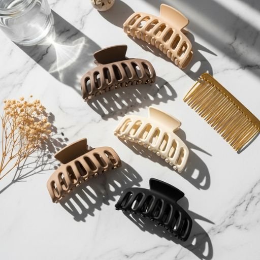 Oversized matte claw hair clips in neutral tones styled on a white marble surface with natural light