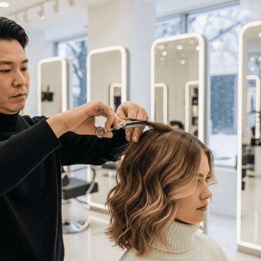 Hairdresser trimming client’s split ends in winter to prevent cold-weather hair damage.