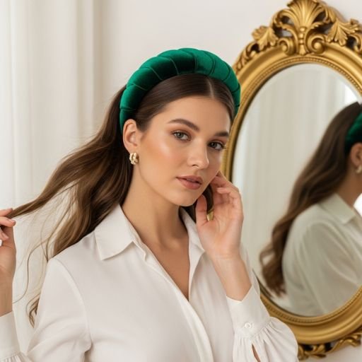 Woman wearing a bold velvet padded statement headband in a softly lit modern bedroom