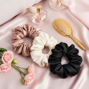 Luxury silk scrunchies in neutral tones arranged on soft fabric with elegant accessories