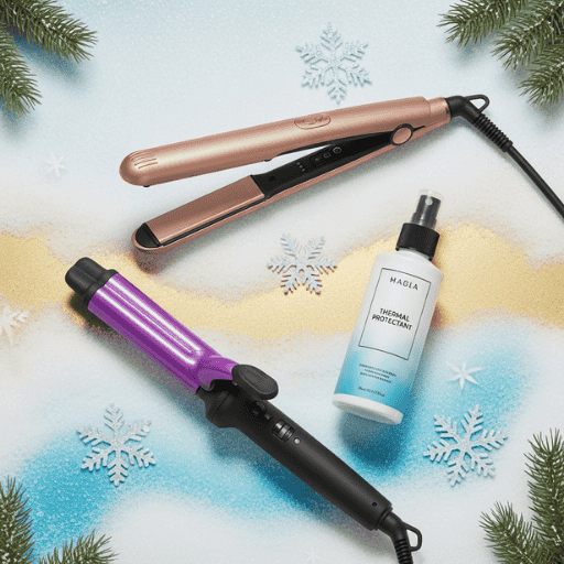 Winter-themed flat lay showing heat tools and essential thermal protectant spray.