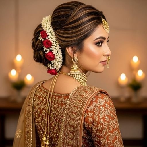 Bride with rustic messy low bun and florals in rustic wedding attire