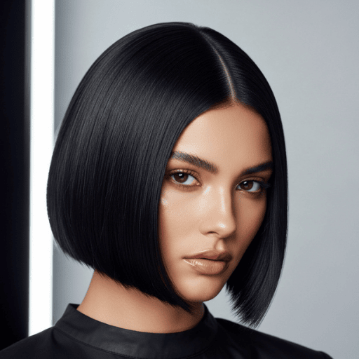 Woman with a sleek, chin-length bob styled in the glass hair trend, featuring intense shine and a flawless middle part.