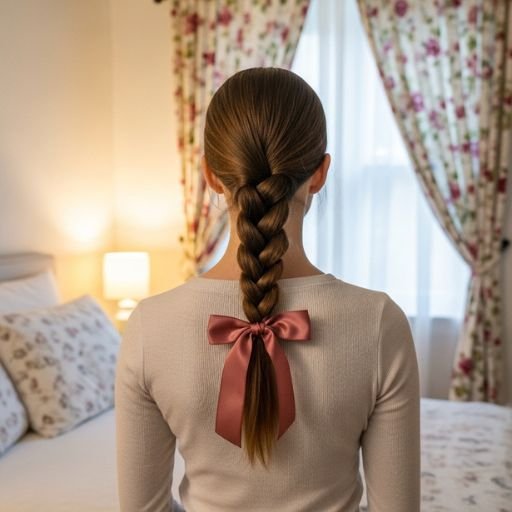 Satin ribbon tied into a braid, styled with romantic soft lighting and feminine decor