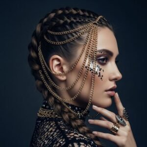 Gold hair chains layered in a thick braid for an edgy, metallic, festival-ready hairstyle
