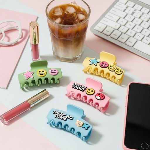 Claw hair clips designed with charms and text phrases, styled for social media appeal