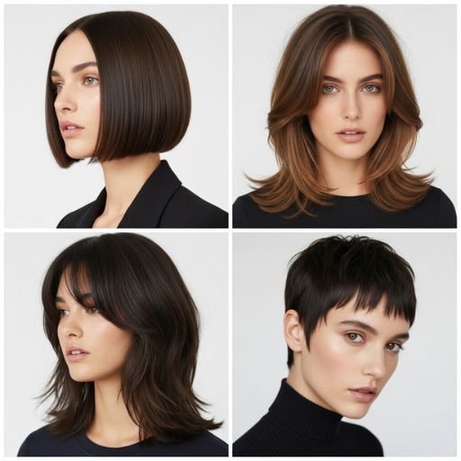Trending haircut styles for 2025 including blunt bob, shag, pixie cut, and curve layers