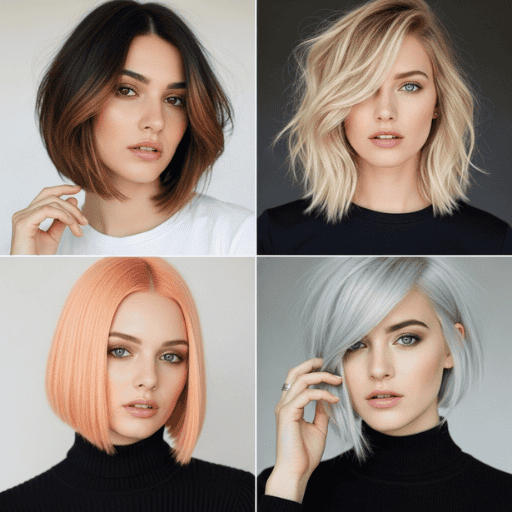 Collage showing 4 celebrity-inspired bob hairstyles with different colors: caramel highlights, platinum blonde with shadow roots, pastel peach, and blonde balayage.