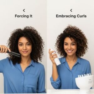 Woman straightening natural curls vs embracing her texture with curl styling