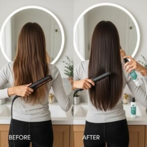 Woman styling hair with and without heat protectant showing damage vs shine