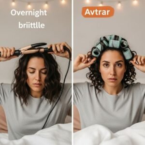Comparison image showing hairstyling damage from daily heat vs healthy heatless curls