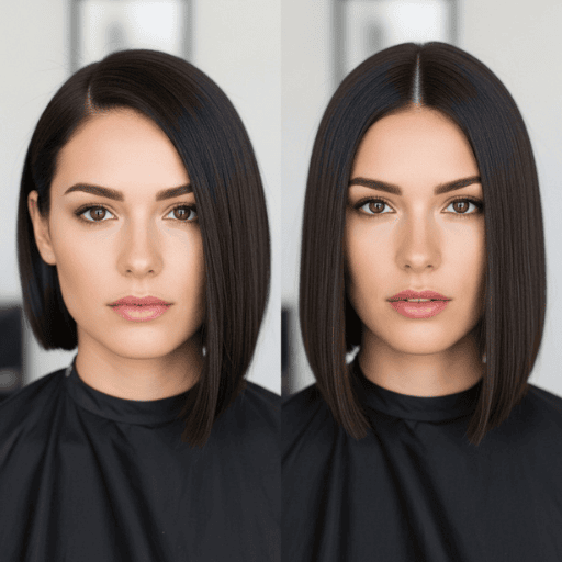 Same model with a bob hairstyle shown in both middle part and deep side part styles, showing versatile looks.