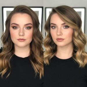 Woman with different hair parts showing which suits her face shape better